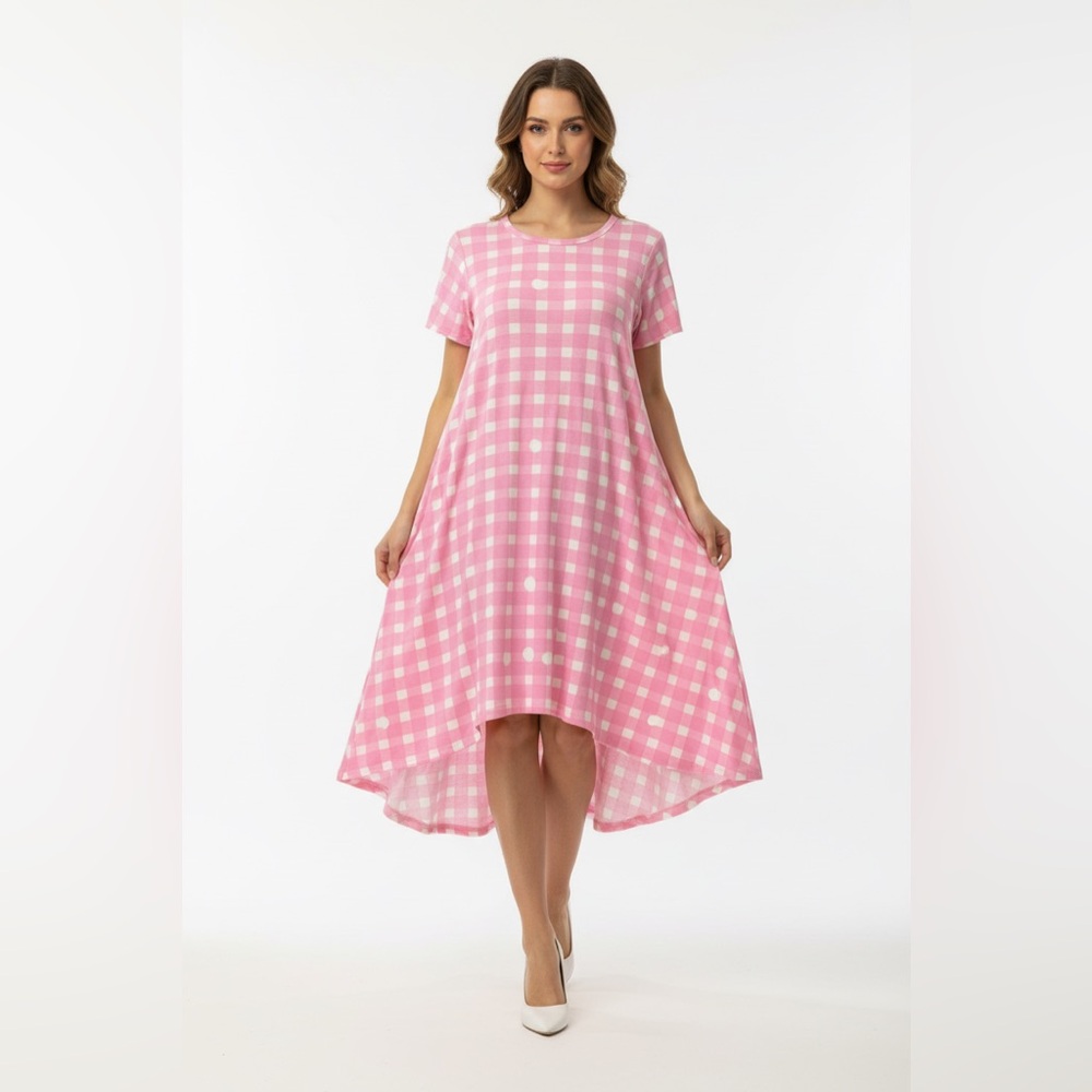 LuLaRoe Carly • High Low Hemline Swing Dress • Checkered • Pink and White